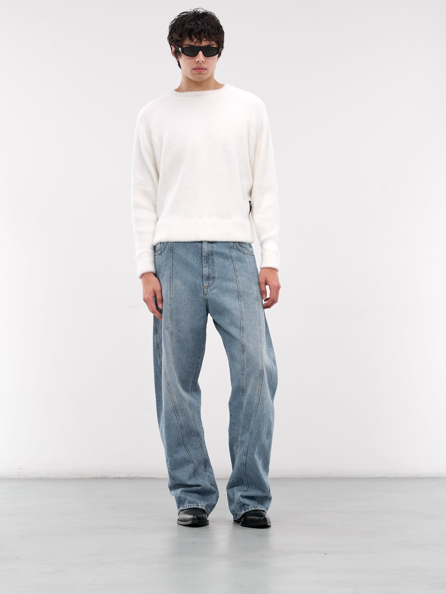 White Nylon Knit Crewneck Sweater (0416-K009-345-BONE)