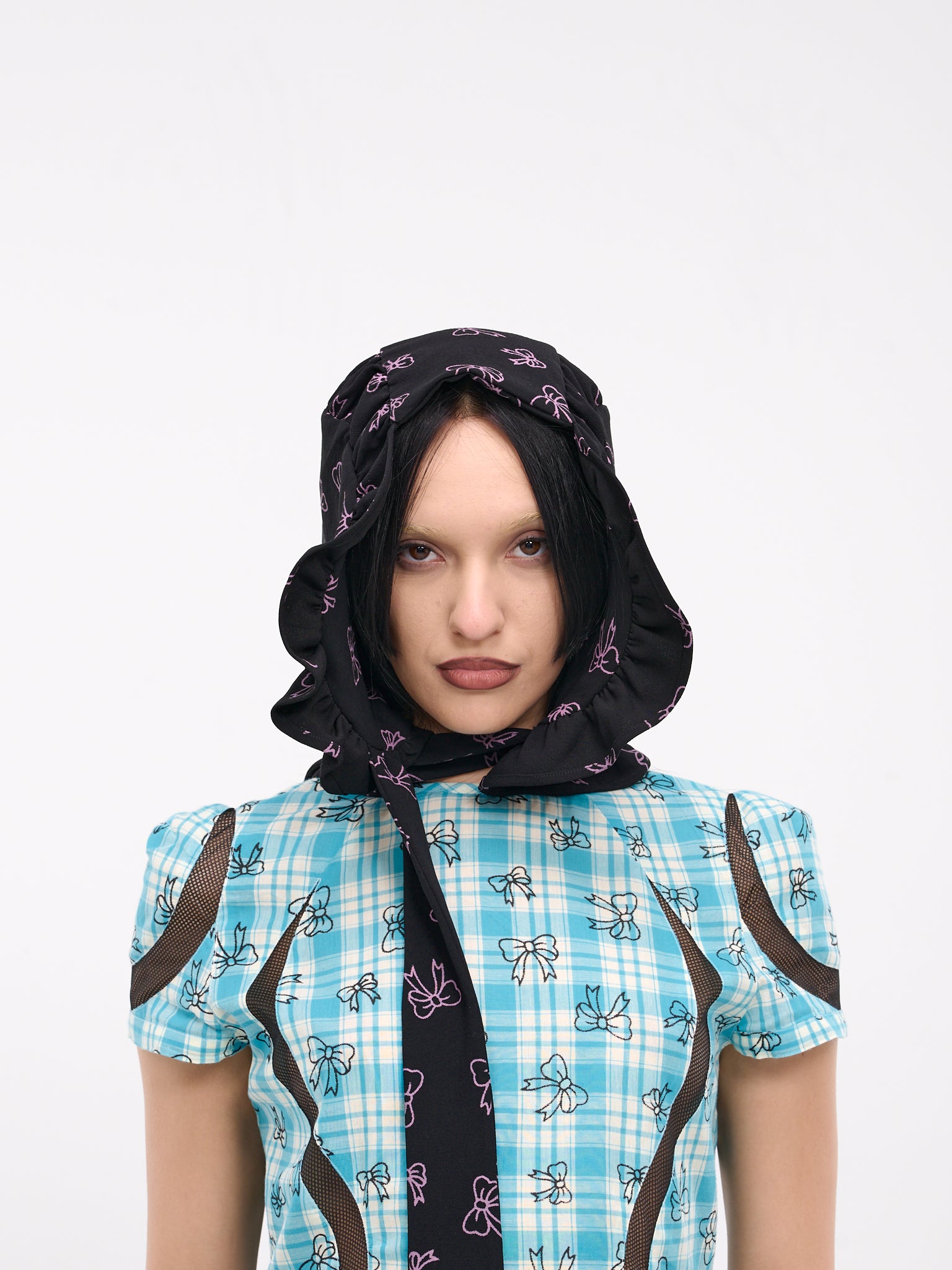 Bow Print Bonnet (055-BLACK-CREPE-W-PURPLE-BOWS)