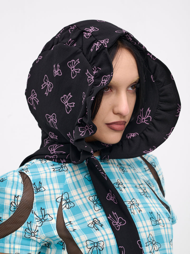 Bow Print Bonnet (055-BLACK-CREPE-W-PURPLE-BOWS)