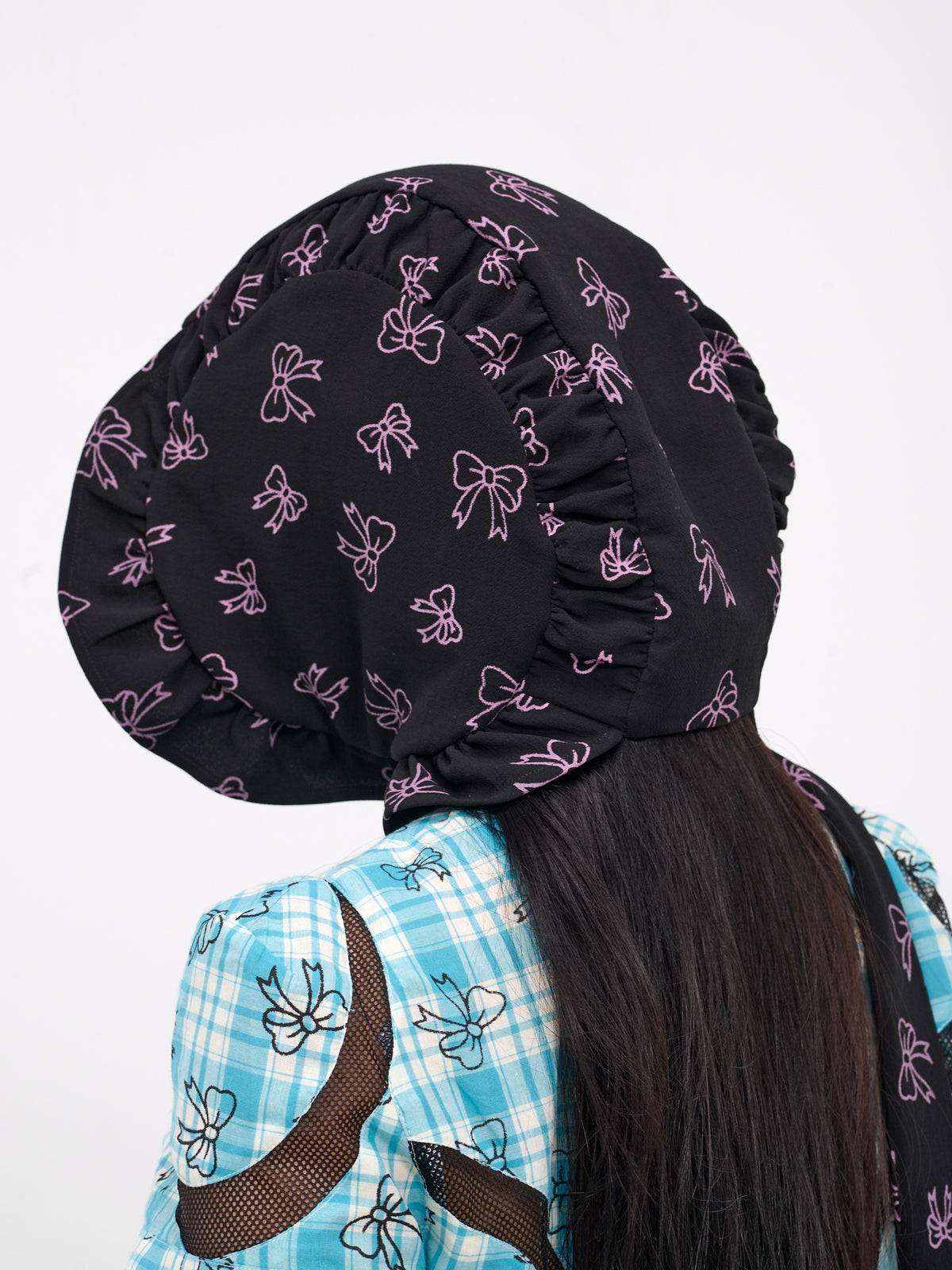 Bow Print Bonnet (055-BLACK-CREPE-W-PURPLE-BOWS)