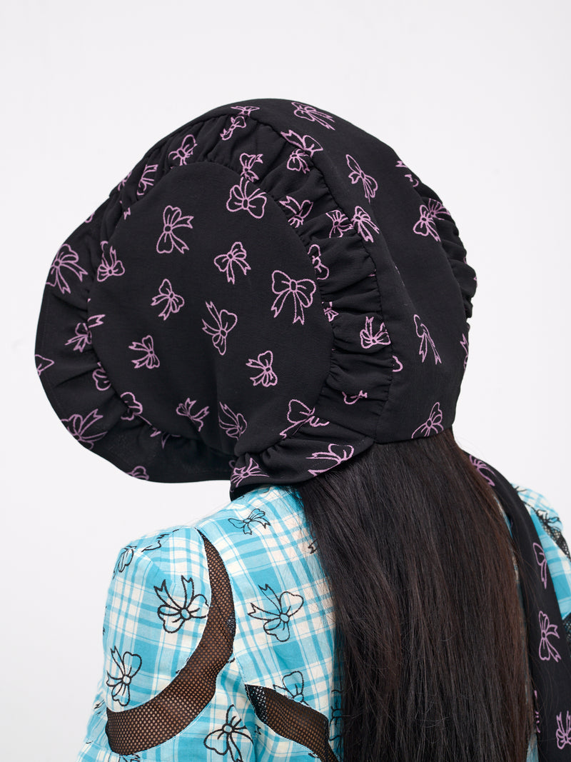 Bow Print Bonnet (055-BLACK-CREPE-W-PURPLE-BOWS)