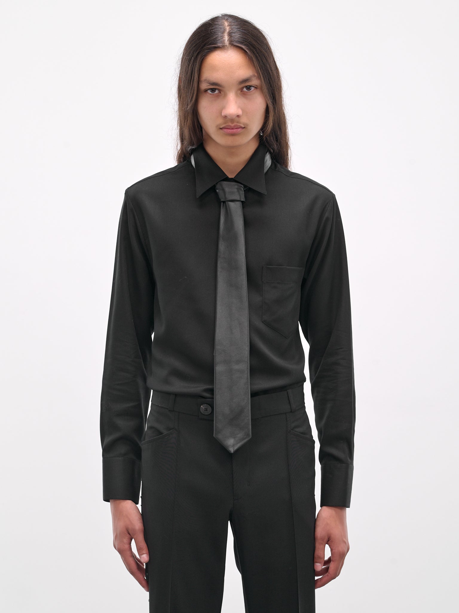 Black Lamb Leather Skinny Necktie (GR10L-LE24-BLACK)