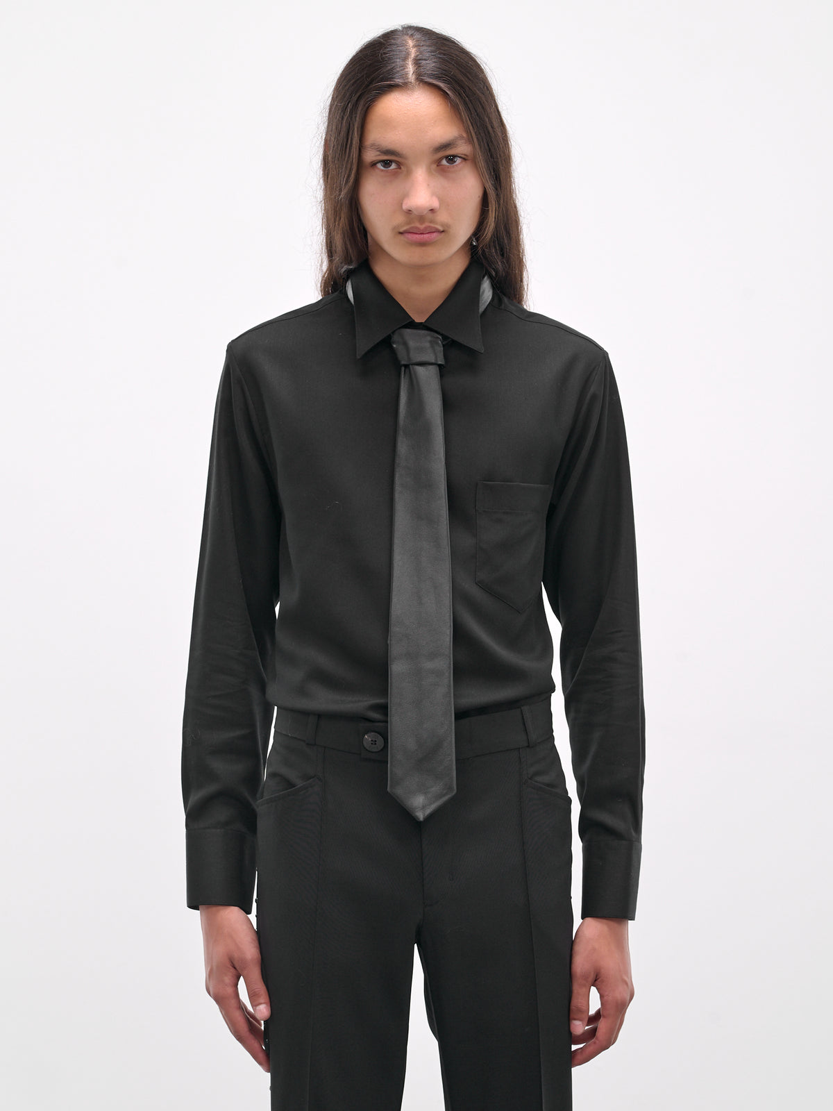 Black Lamb Leather Skinny Necktie (GR10L-LE24-BLACK)