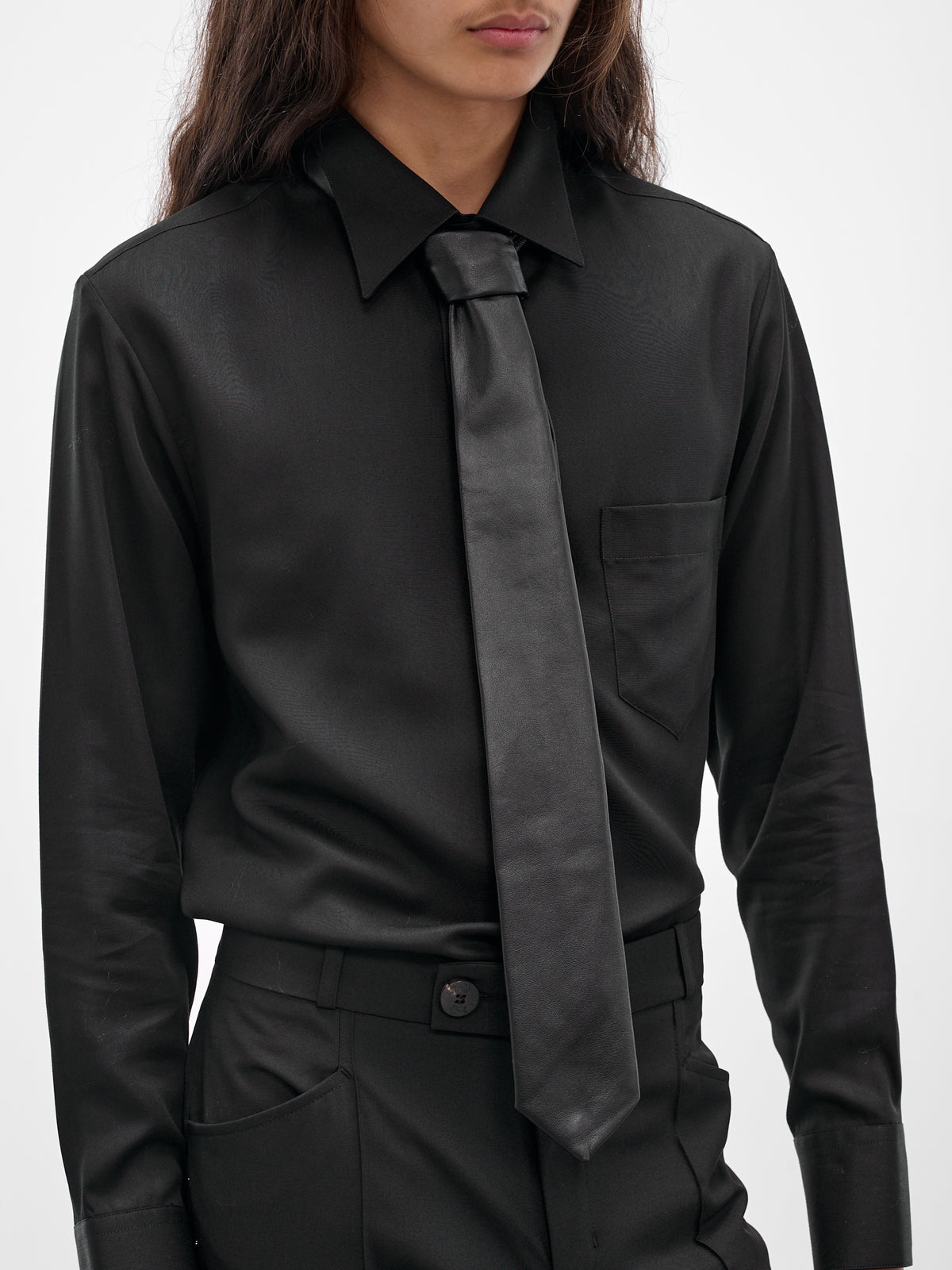 Black Lamb Leather Skinny Necktie (GR10L-LE24-BLACK)