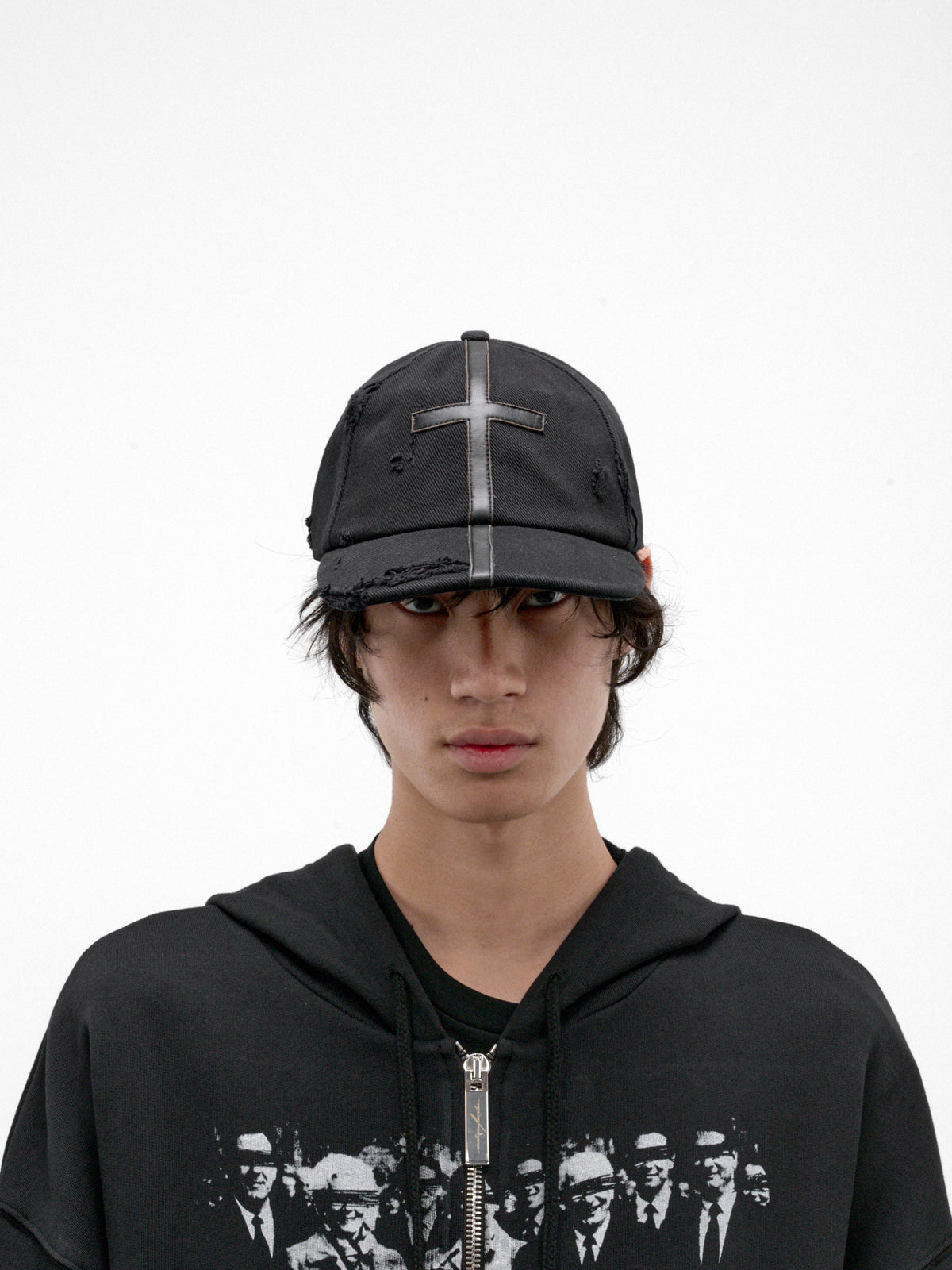 Black Cotton Leather Cross Cap (MAT03K032-BLACK)