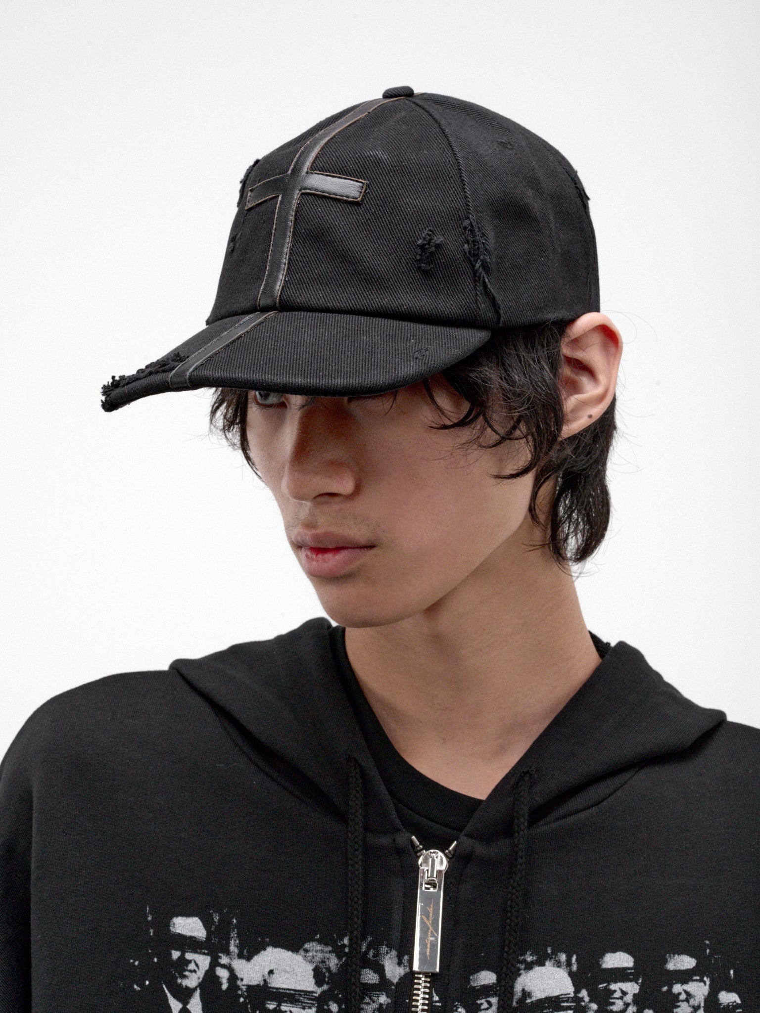 Black Cotton Leather Cross Cap (MAT03K032-BLACK)