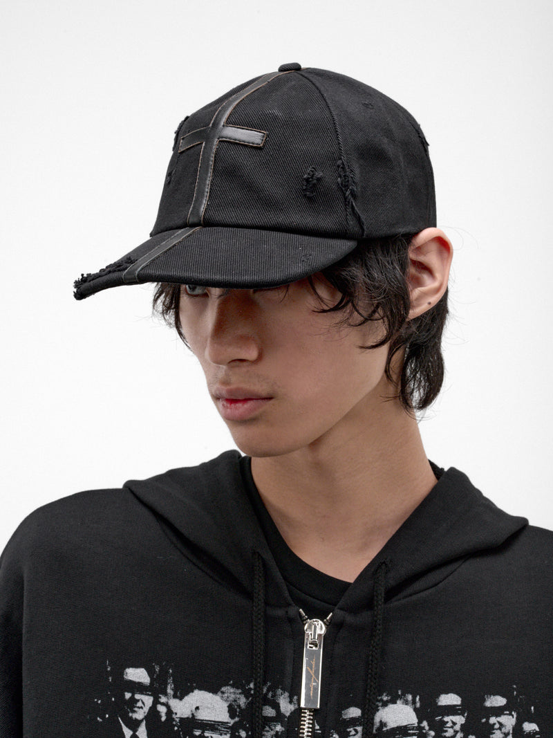 Black Cotton Leather Cross Cap (MAT03K032-BLACK)