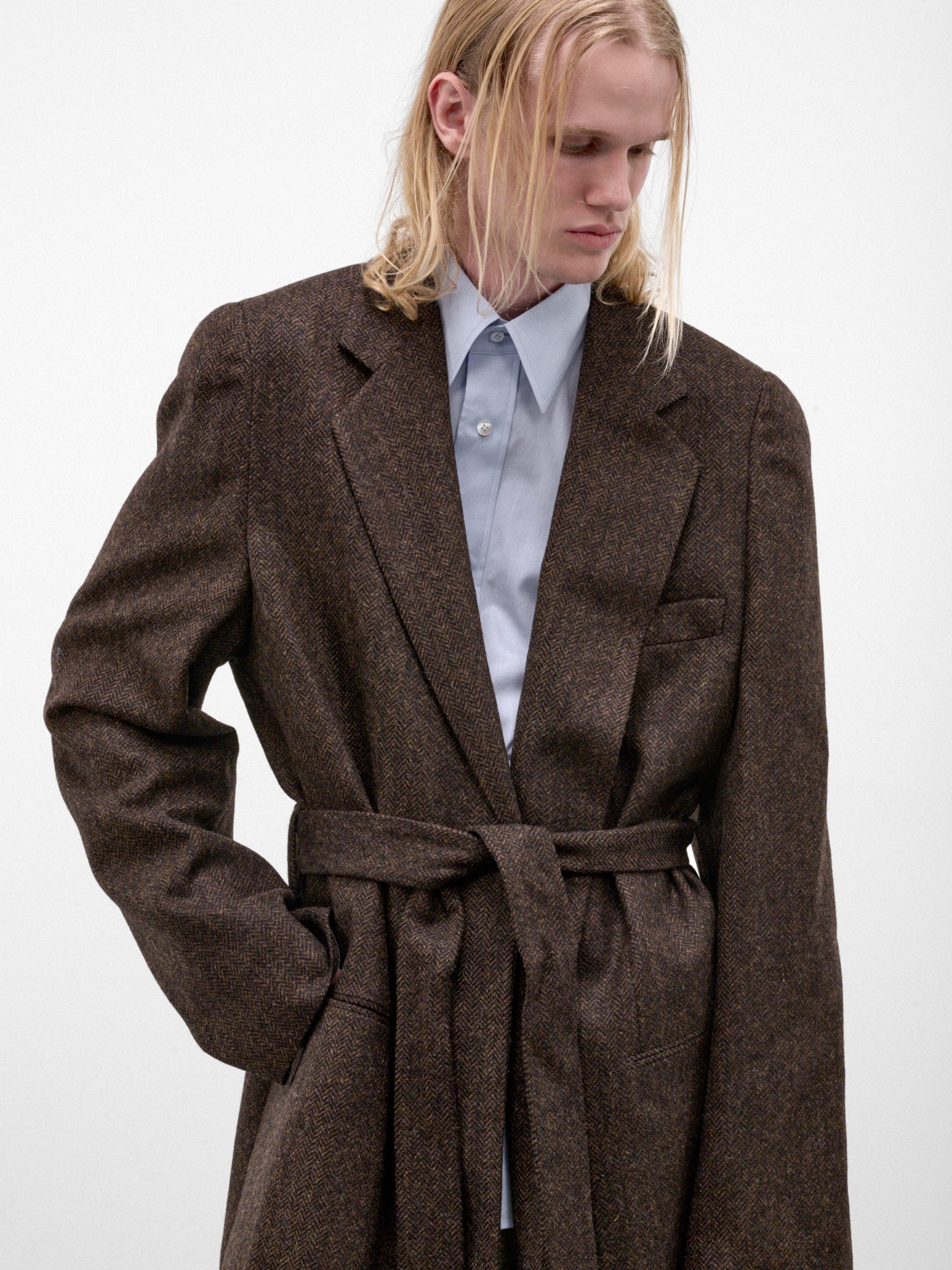 Brown Wool Herringbone Coat (S67AA0087-S54246-DARK-BROWN)