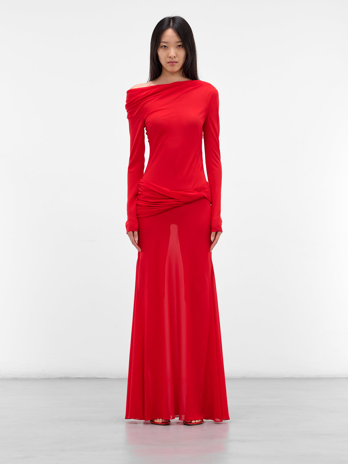 Red Off-Shoulder Sleeved Maxi Dress (09-1-RED)