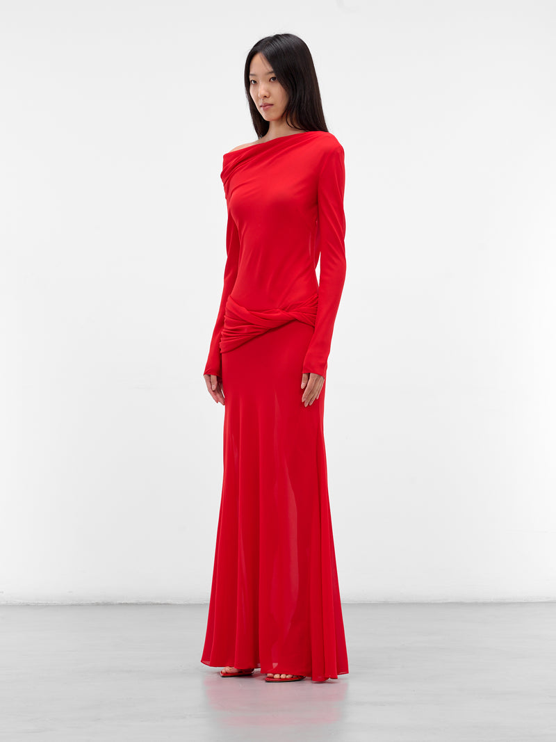 Red Off-Shoulder Sleeved Maxi Dress (09-1-RED)