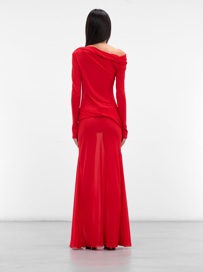 Red Off-Shoulder Sleeved Maxi Dress (09-1-RED)