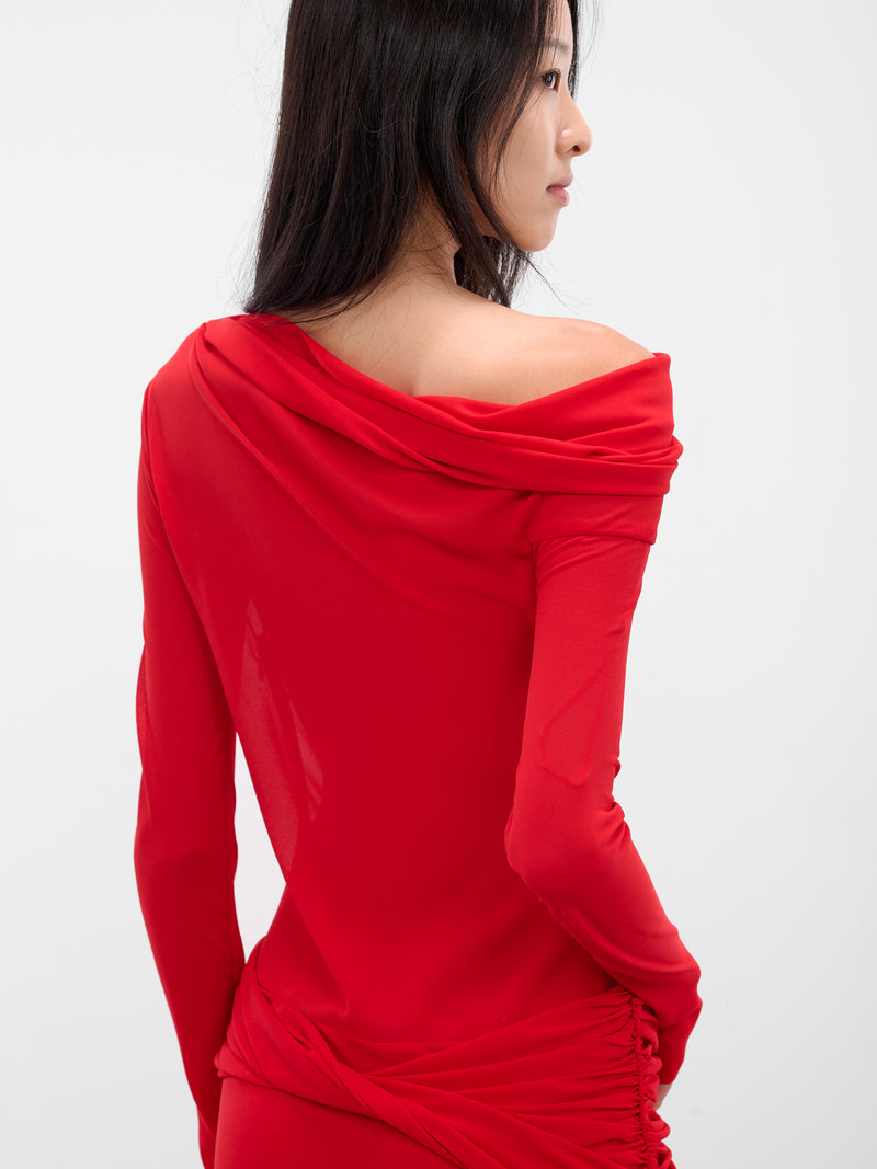 Red Off-Shoulder Sleeved Maxi Dress (09-1-RED)
