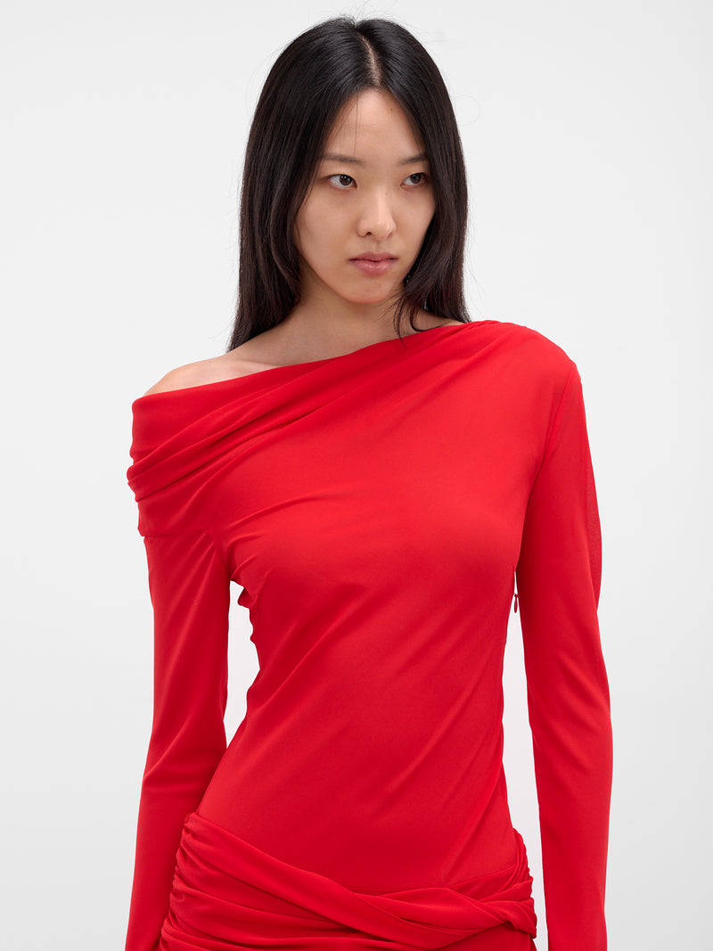 Red Off-Shoulder Sleeved Maxi Dress (09-1-RED)