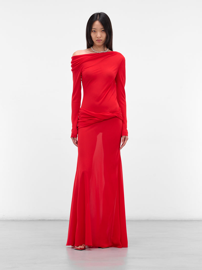 Red Off-Shoulder Sleeved Maxi Dress (09-1-RED)