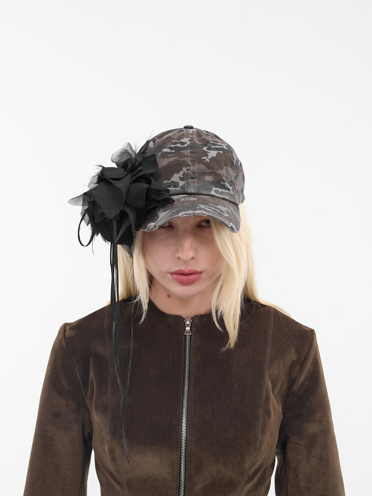 Black Camo Chiffon Distressed Cap (PFFW25HA01-BLACK-CAMO)