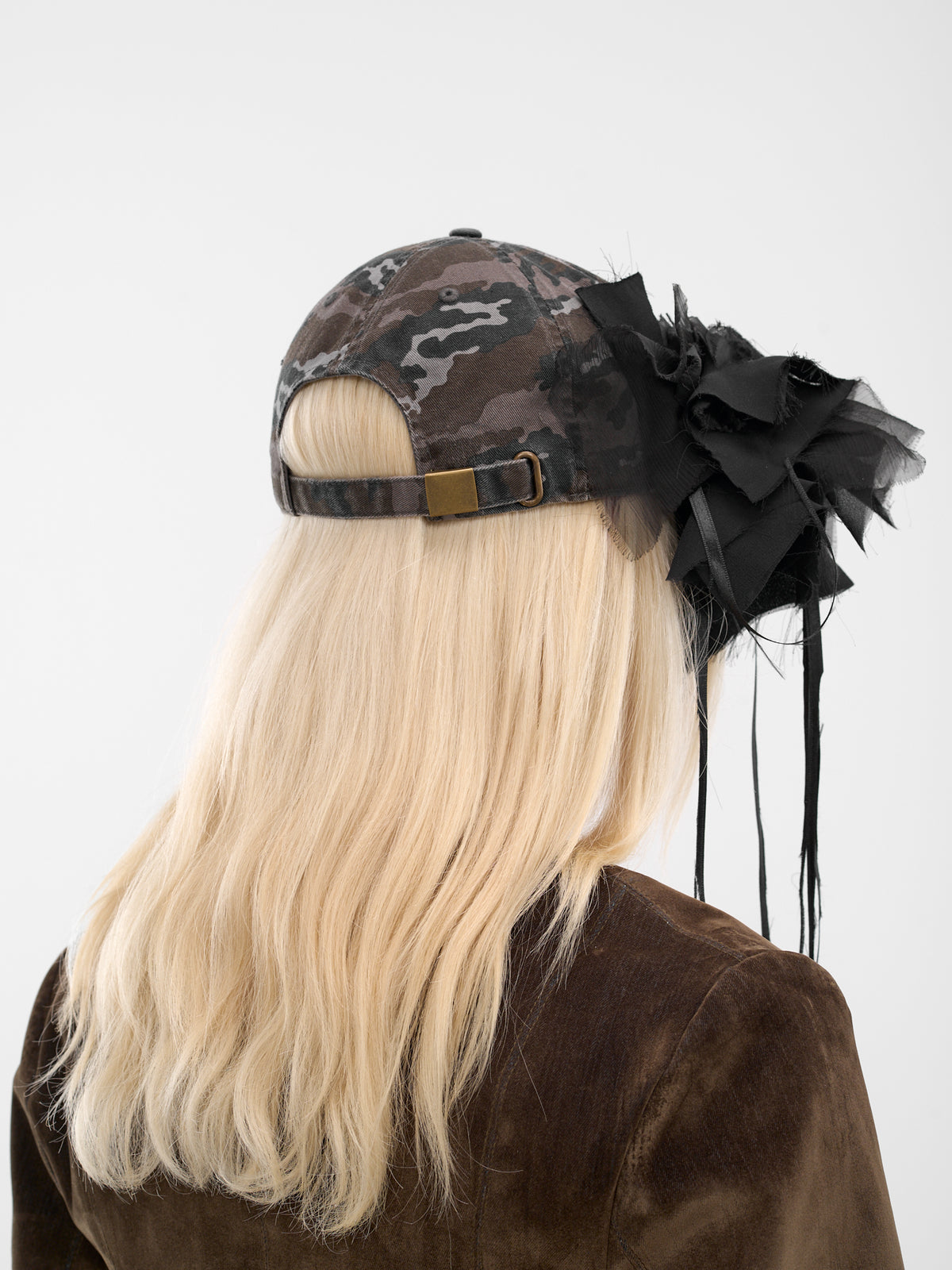 Black Camo Chiffon Distressed Cap (PFFW25HA01-BLACK-CAMO)