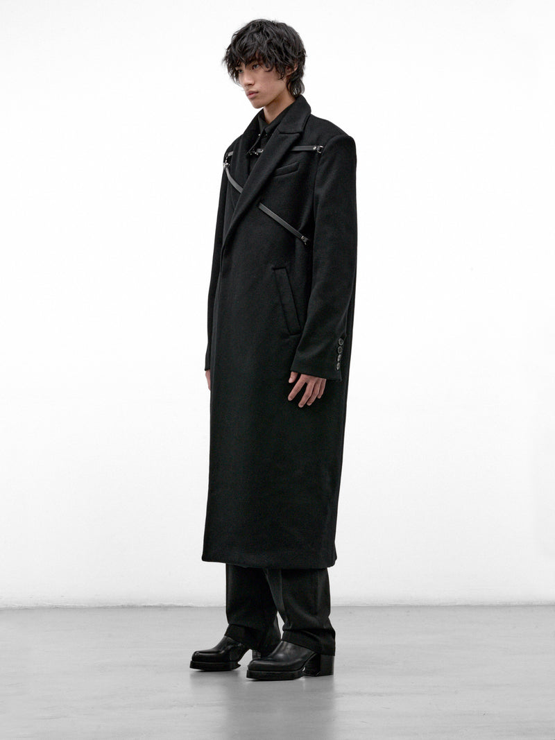 Black Wool Harnessed Interlock Coat (1-INTERLOCK-COAT-BLACK)