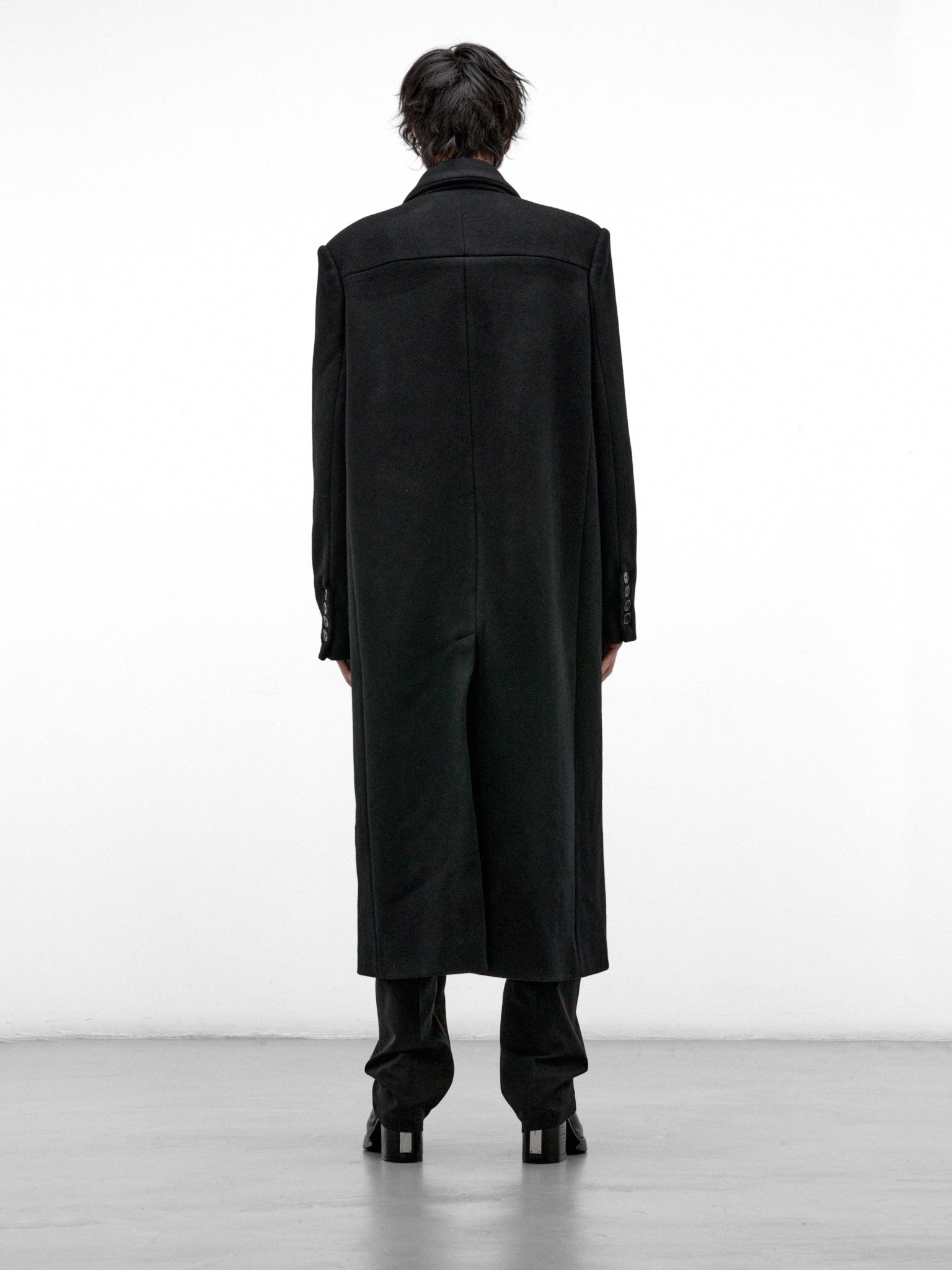 Black Wool Harnessed Interlock Coat (1-INTERLOCK-COAT-BLACK)