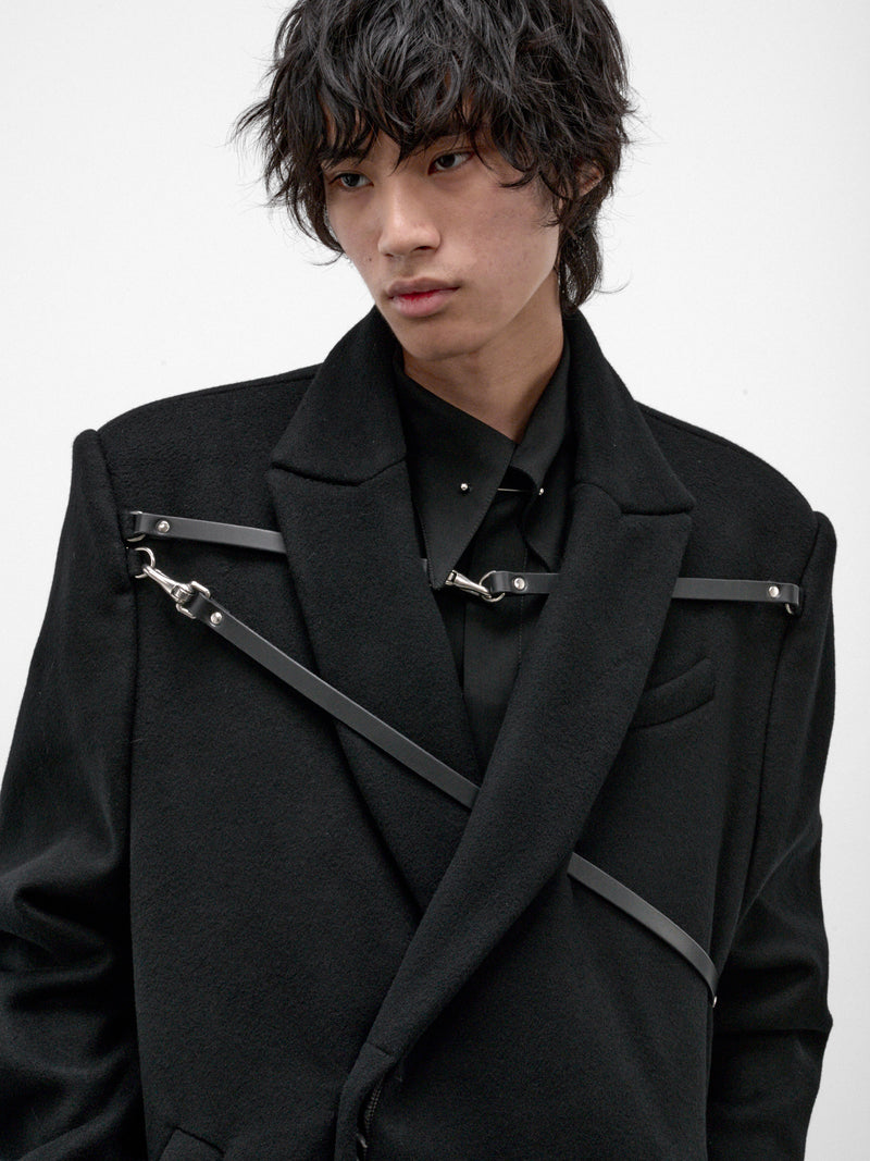 Black Wool Harnessed Interlock Coat (1-INTERLOCK-COAT-BLACK)