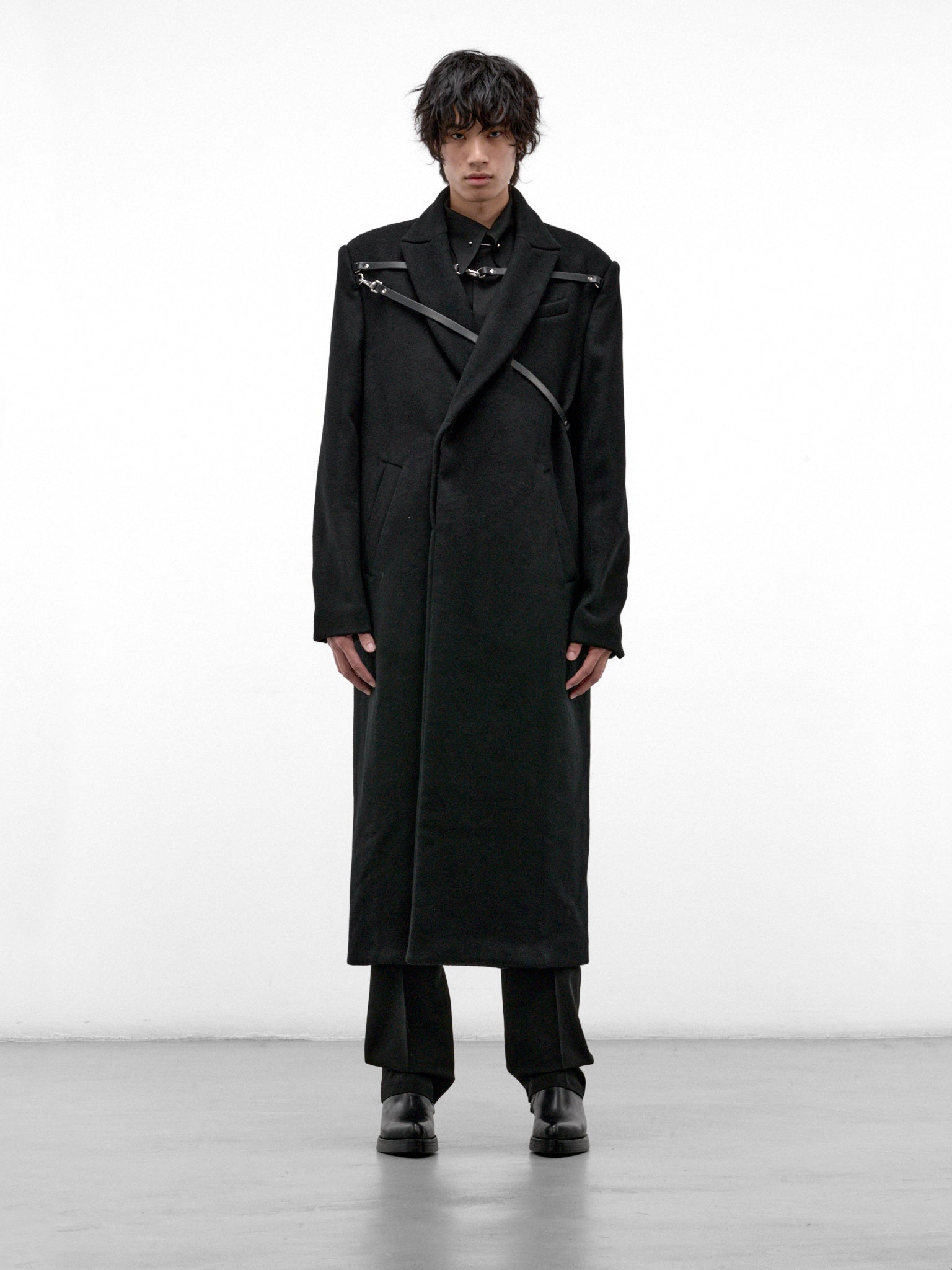 Black Wool Harnessed Interlock Coat (1-INTERLOCK-COAT-BLACK)