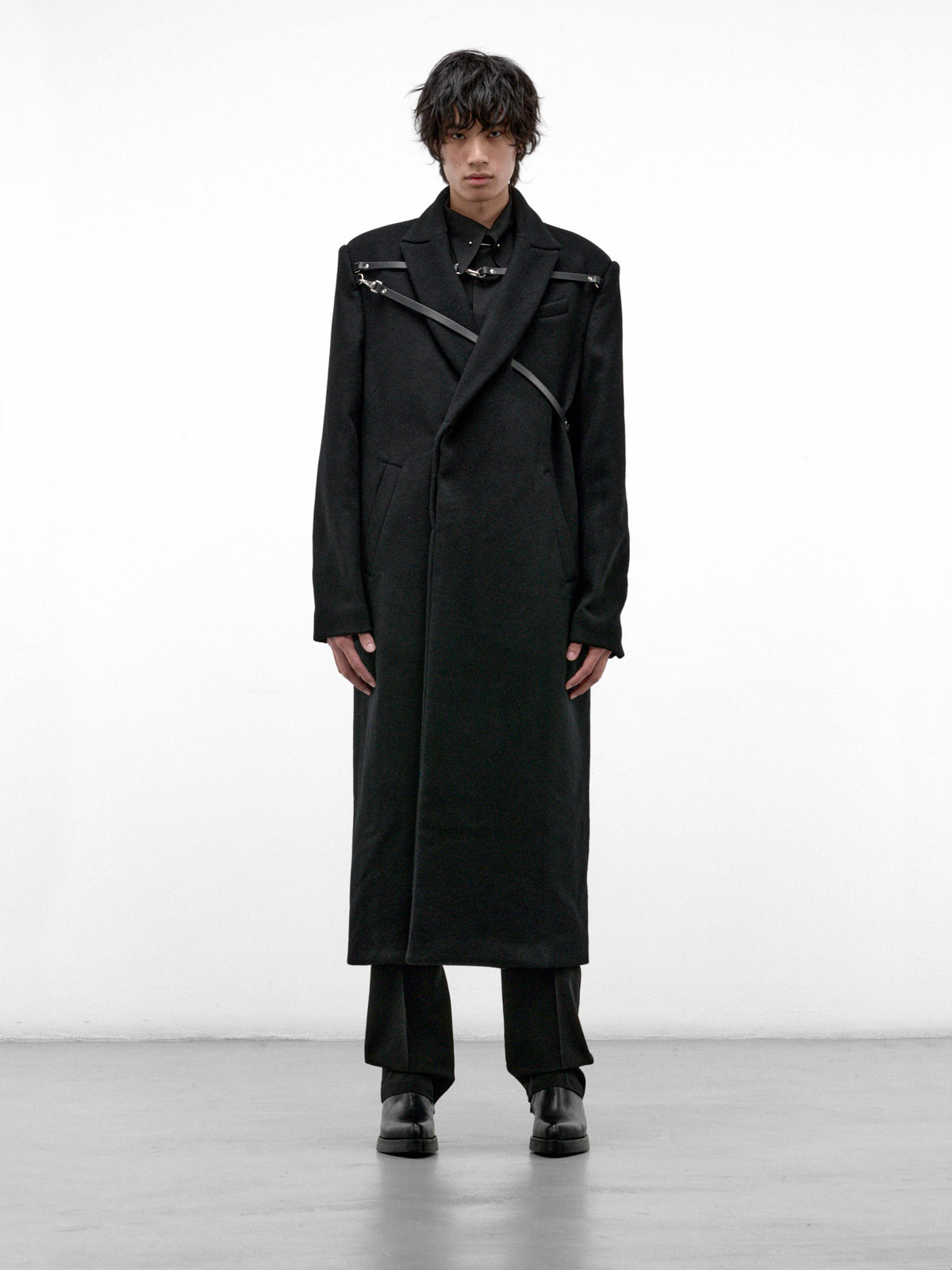 Black Wool Harnessed Interlock Coat (1-INTERLOCK-COAT-BLACK)