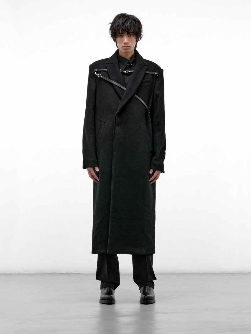 Black Wool Harnessed Interlock Coat (1-INTERLOCK-COAT-BLACK)