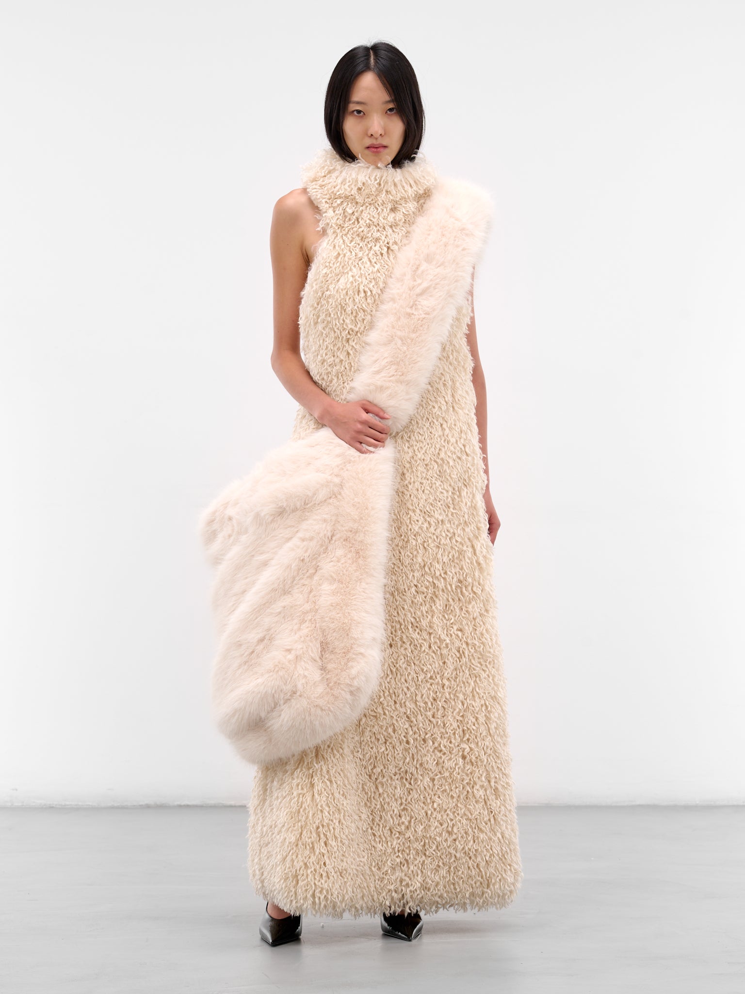 White Fur Feather Maxi Dress (D001-FUR-FEATHER-WHITE)