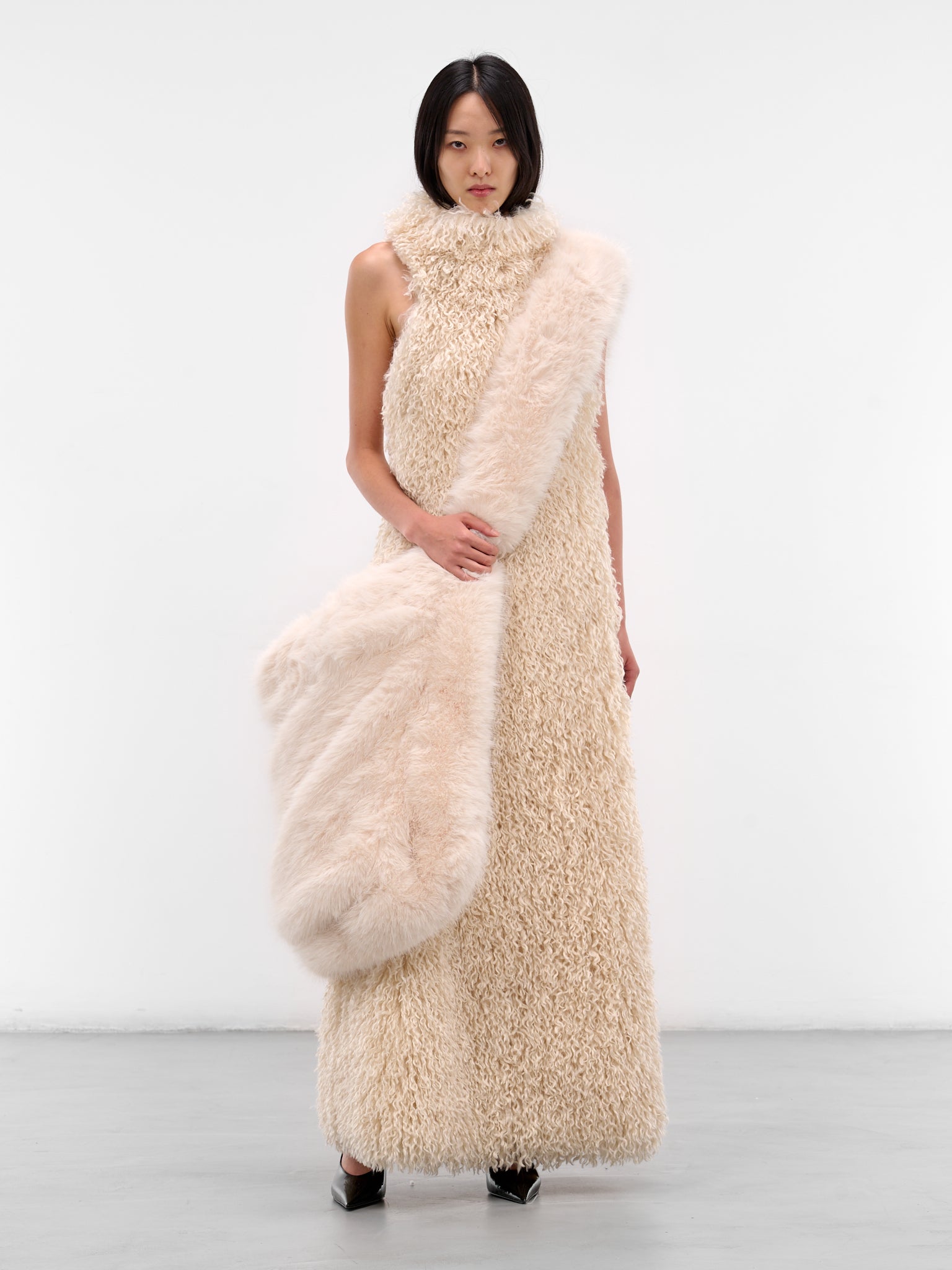 White Fur Feather Maxi Dress (D001-FUR-FEATHER-WHITE)
