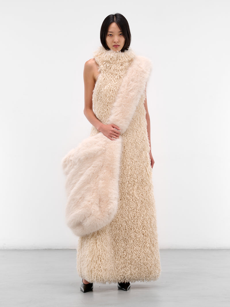 White Fur Feather Maxi Dress (D001-FUR-FEATHER-WHITE)