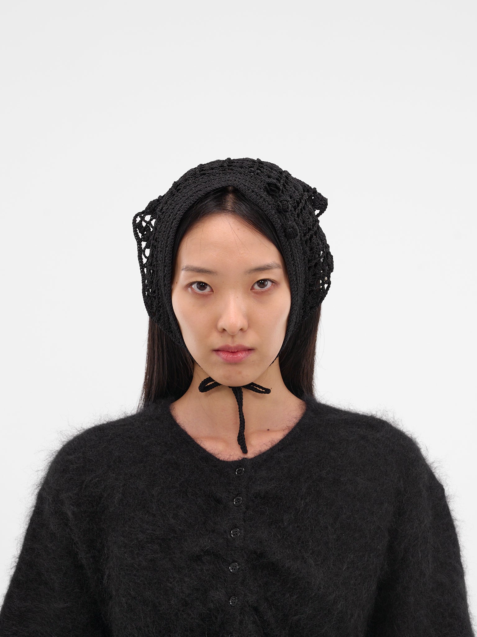 Black Hand-Crocheted Wool Headscarf (CROCHET-07-BLACK)