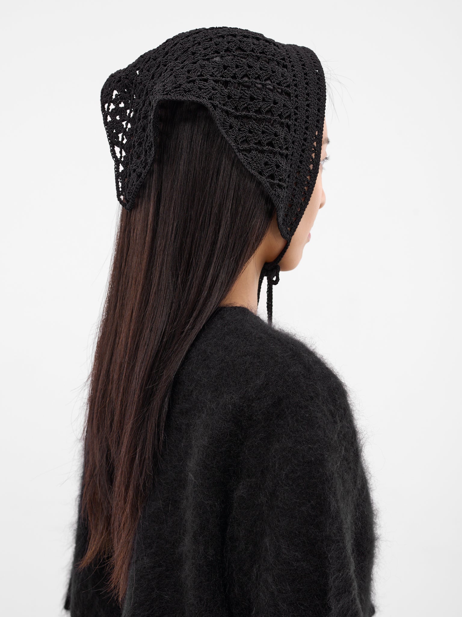 Black Hand-Crocheted Wool Headscarf (CROCHET-07-BLACK)