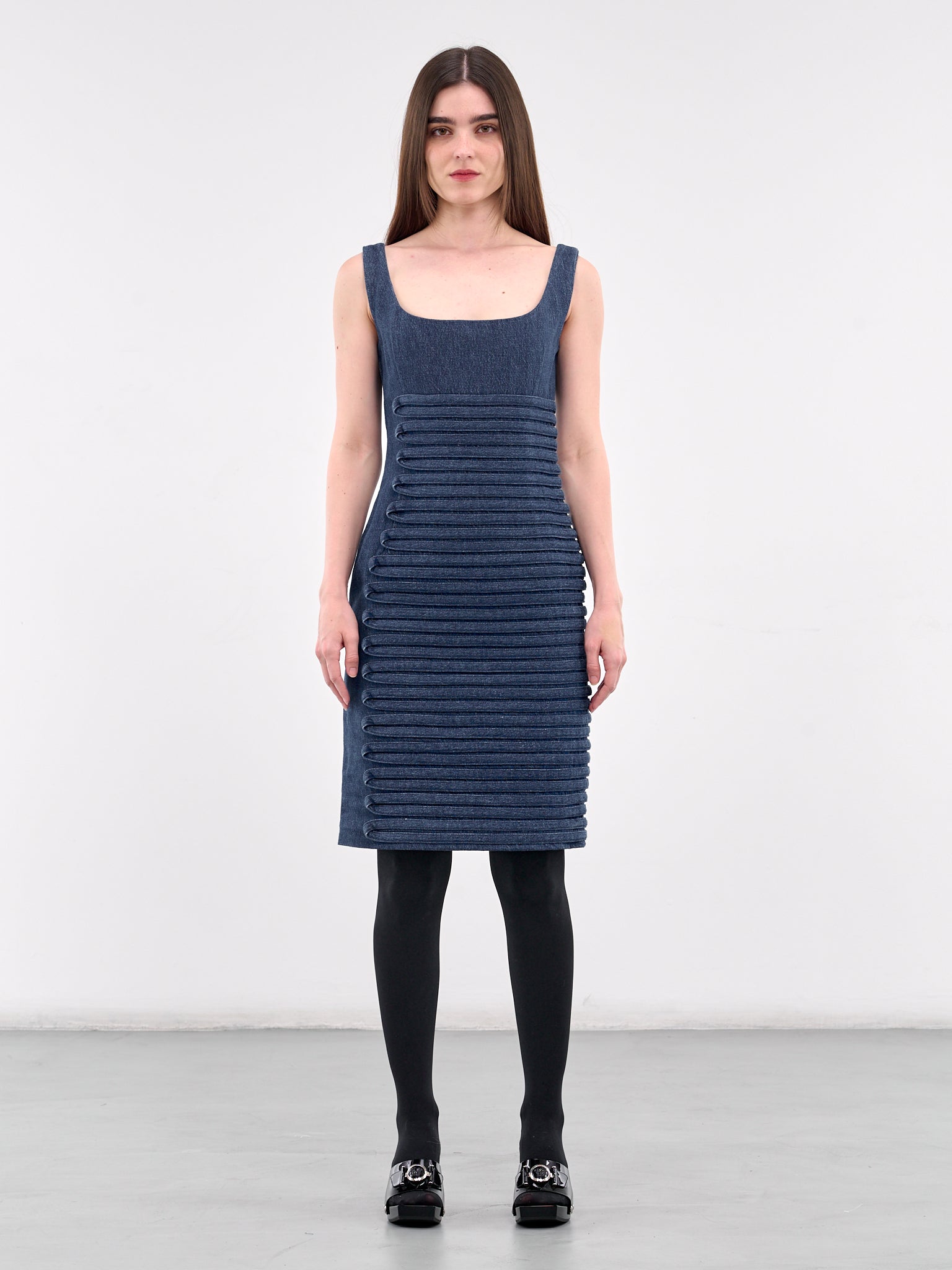 Denim Scoop Neck Fitted Dress (1018675-1A13346-MEDIUM-BLUE) Denim Scoop Neck Fitted Dress (1018675-1A13346-MEDIUM-BLUE)