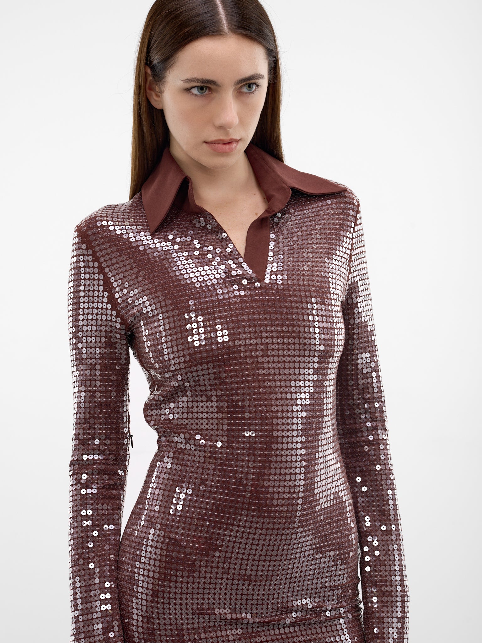 Brown Sequin Polo Maxi Dress (1030-CHOCOLATE)
