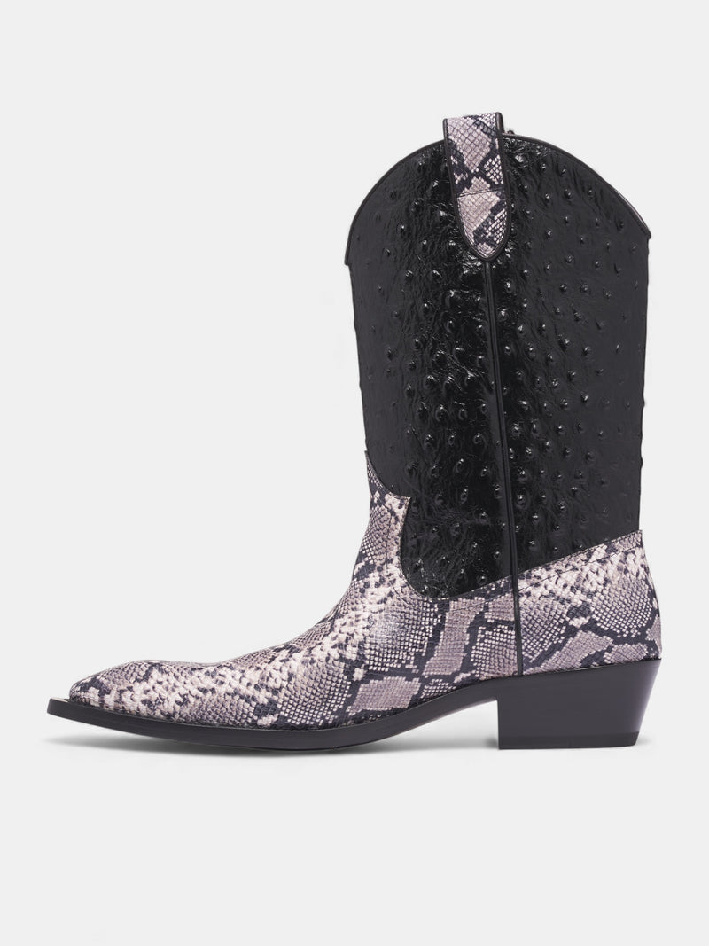 Leather Ostrich Snakeskin Cowboy Boots (1061LE02056-GREY-BLACK)