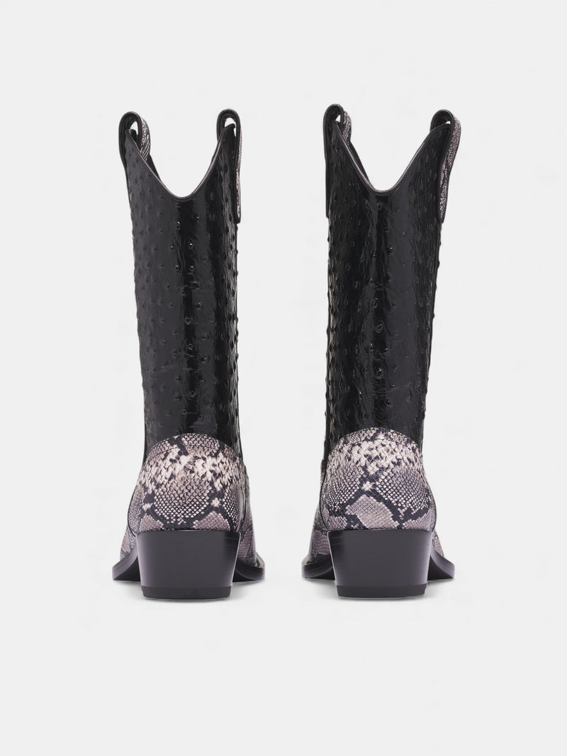 Leather Ostrich Snakeskin Cowboy Boots (1061LE02056-GREY-BLACK)