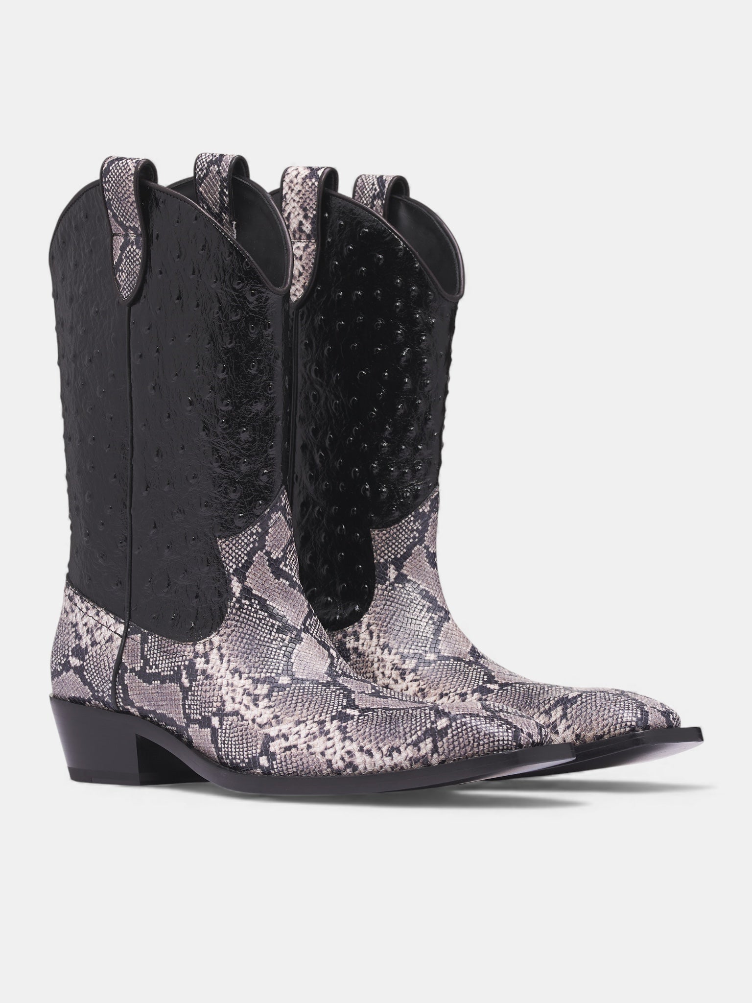 Leather Ostrich Snakeskin Cowboy Boots (1061LE02056-GREY-BLACK)