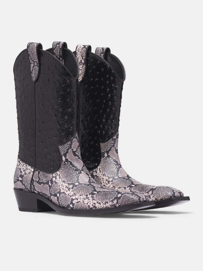 Leather Ostrich Snakeskin Cowboy Boots (1061LE02056-GREY-BLACK)