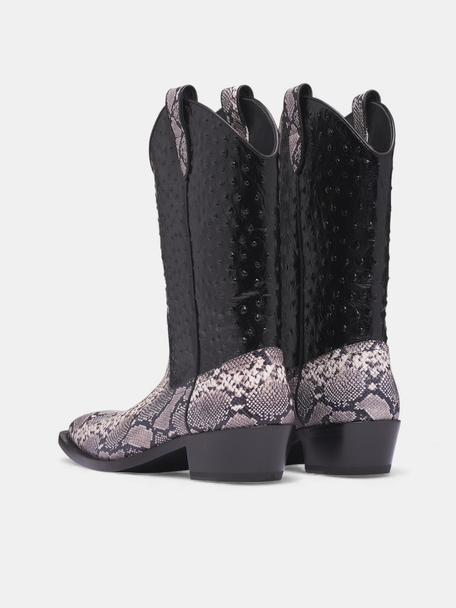 Leather Ostrich Snakeskin Cowboy Boots (1061LE02056-GREY-BLACK)