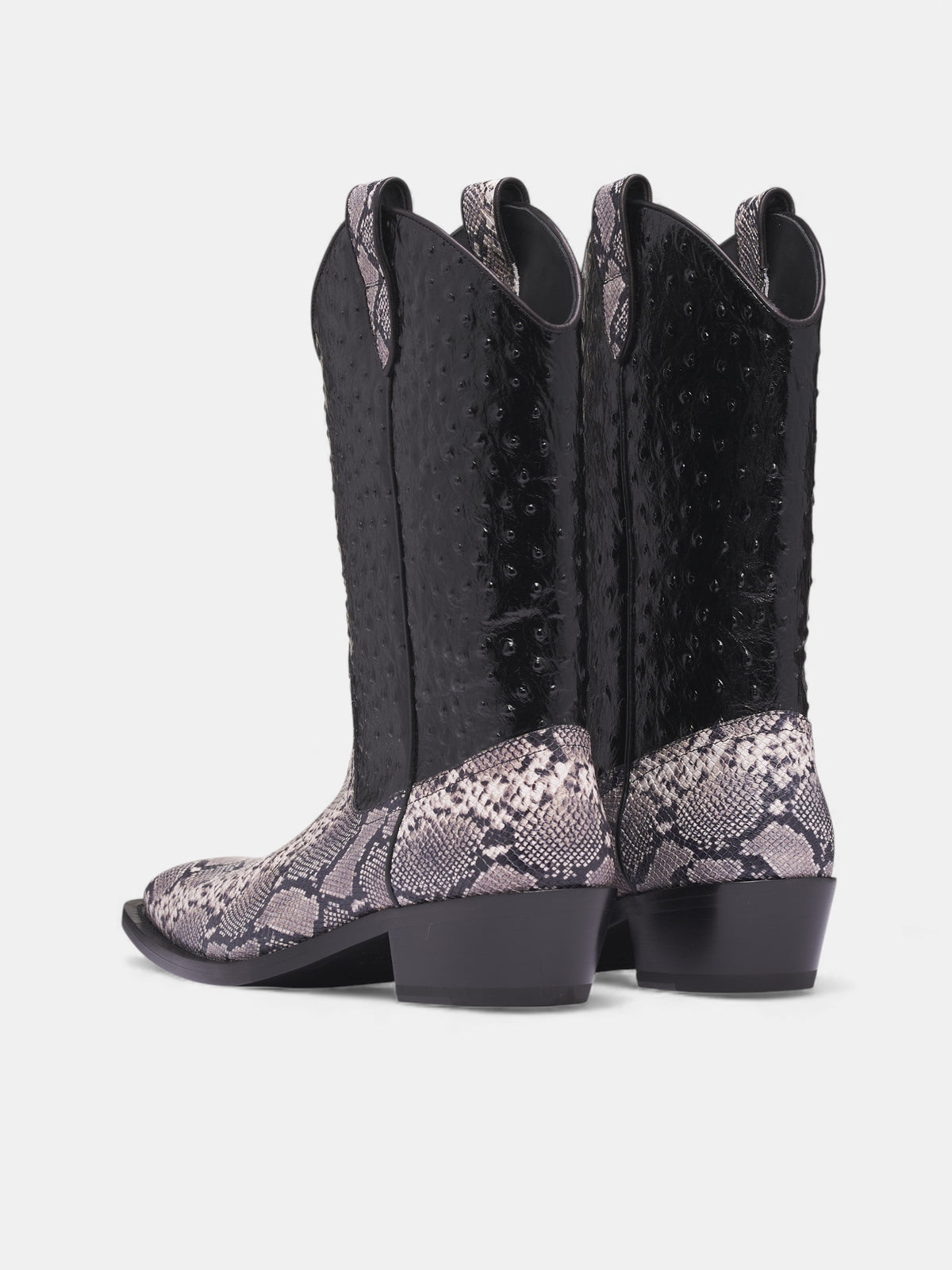 Leather Ostrich Snakeskin Cowboy Boots (1061LE02056-GREY-BLACK)