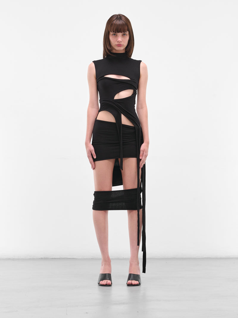 Black Deconstructed Cut-Out Midi Dress (10750260701-BLACK-PRINT)