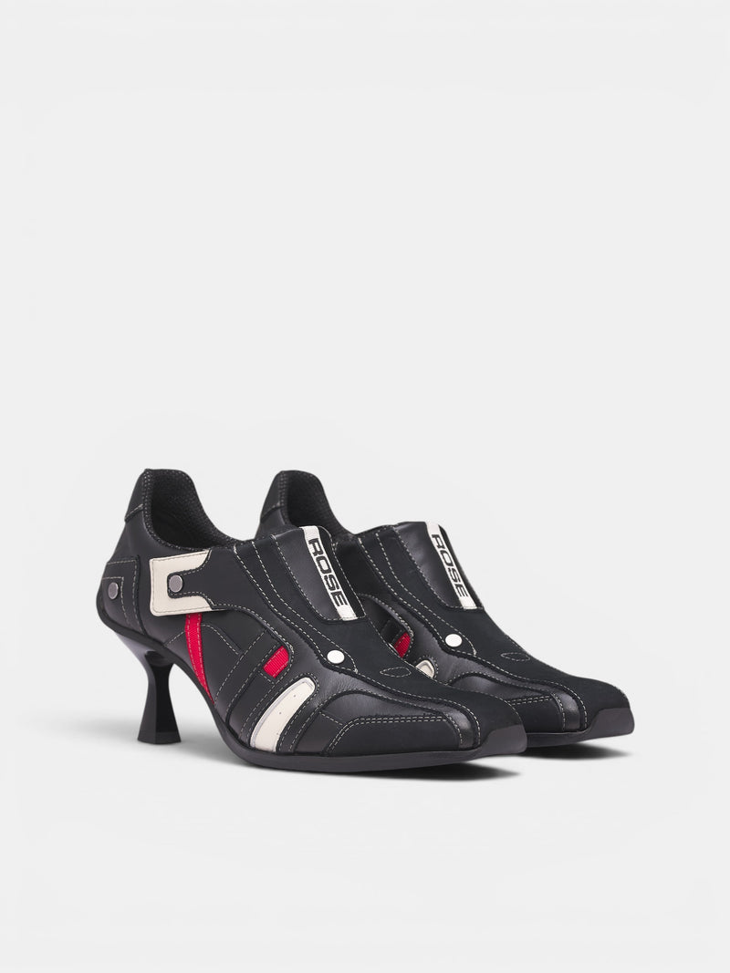 Black Leather Sporty Heeled Mules (1085LP35001S0-BLACK)