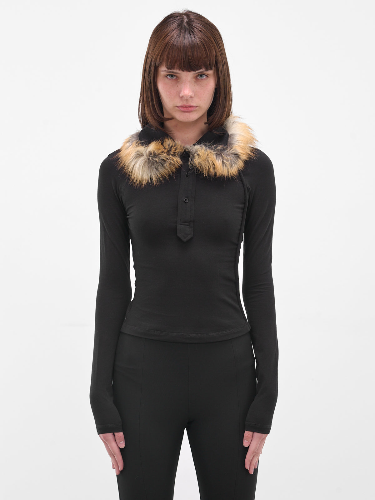 Black Fur Trim Polo Shirt (115104711501-BLACK)
