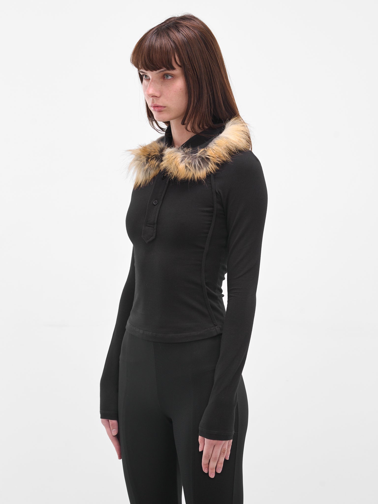 Black Fur Trim Polo Shirt (115104711501-BLACK)