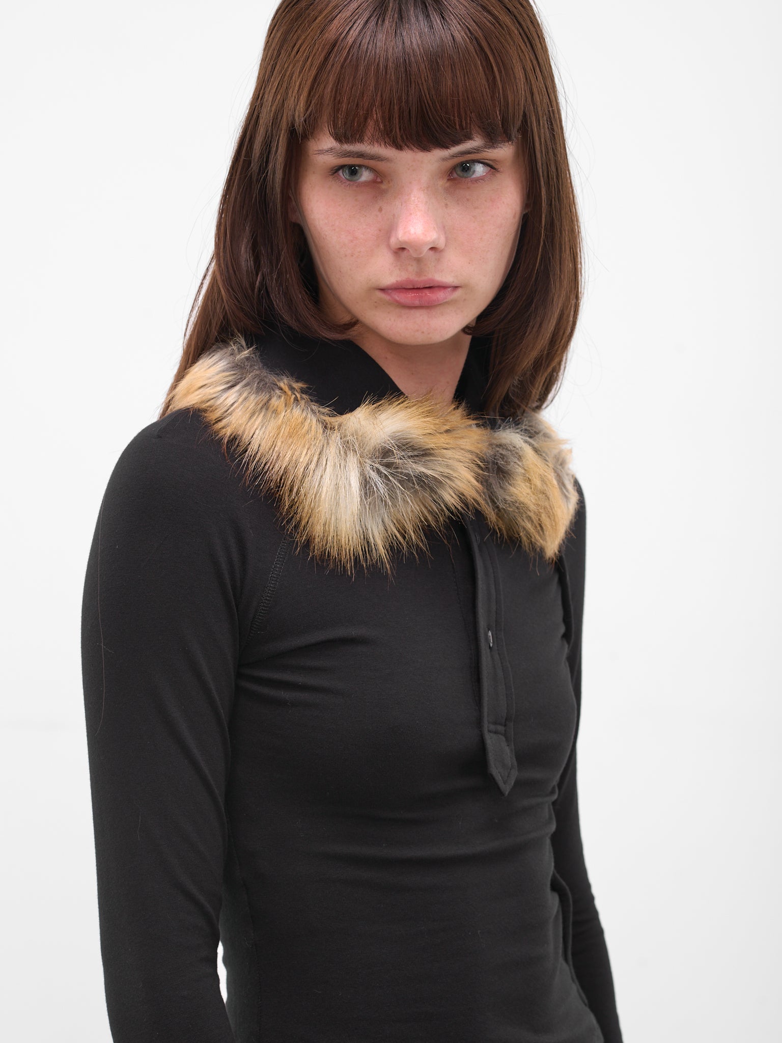 Black Fur Trim Polo Shirt (115104711501-BLACK)