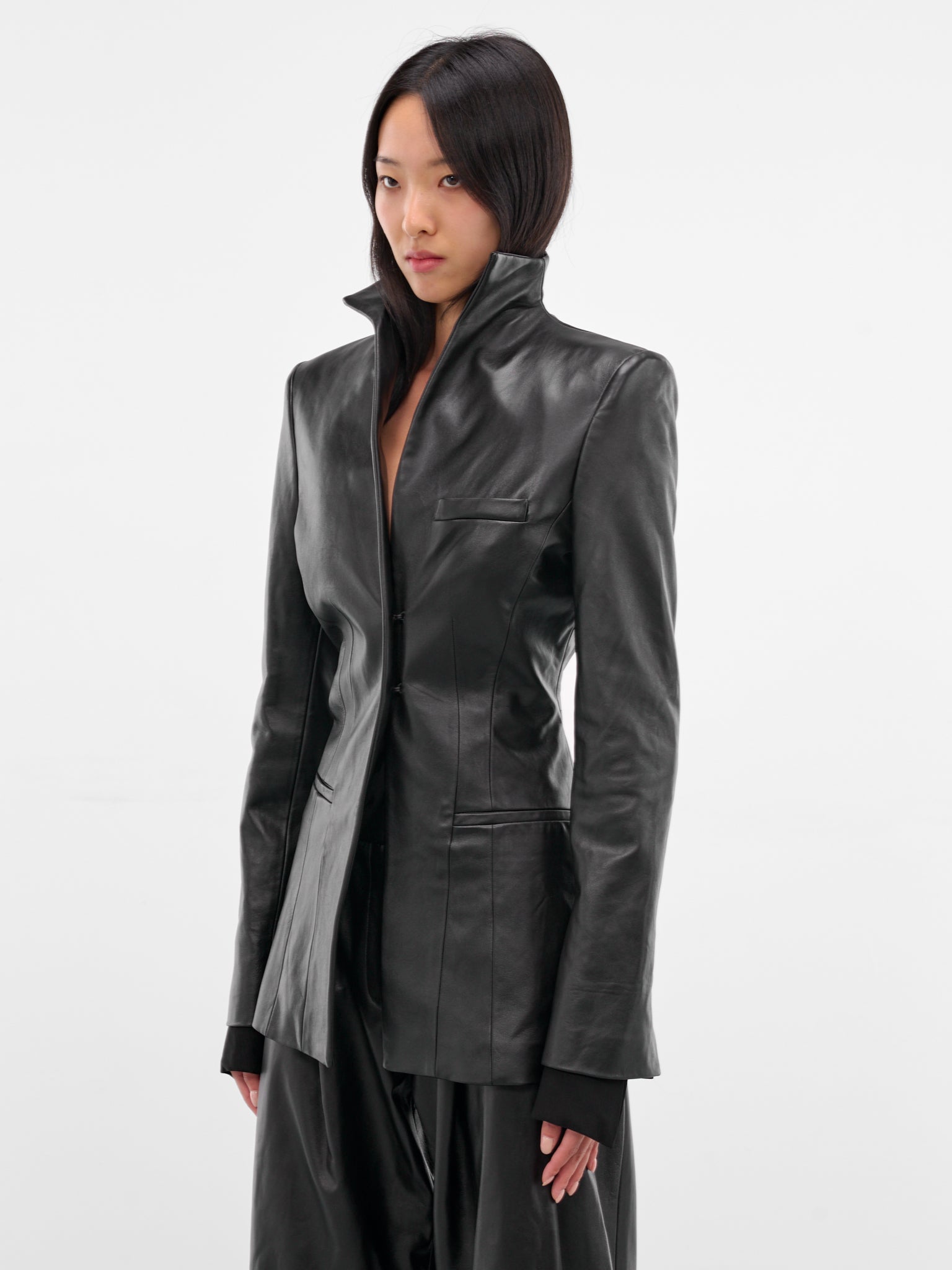 Black Leather Tailored Blazer (119-T09-BLACK)