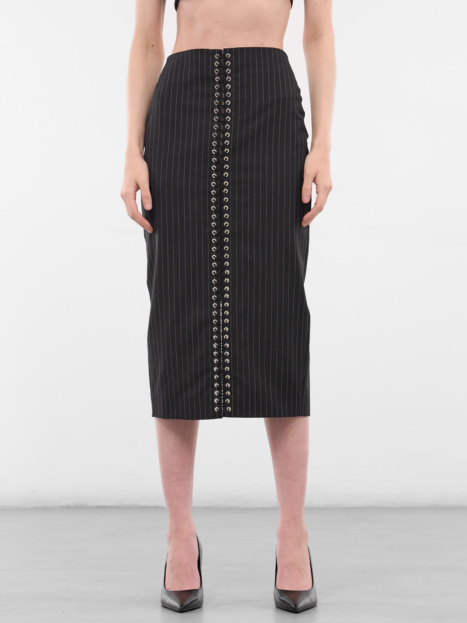 Black Wool Pinstripe Pencil Skirt (SK025-W-WV0004-BLACK)