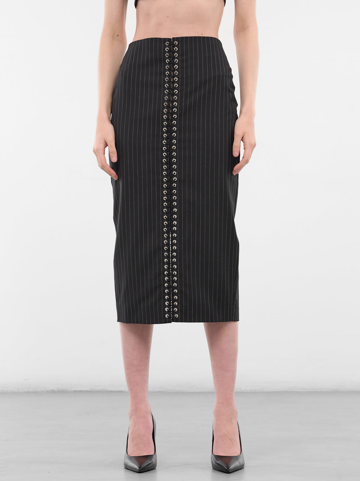 Black Wool Pinstripe Pencil Skirt (SK025-W-WV0004-BLACK)