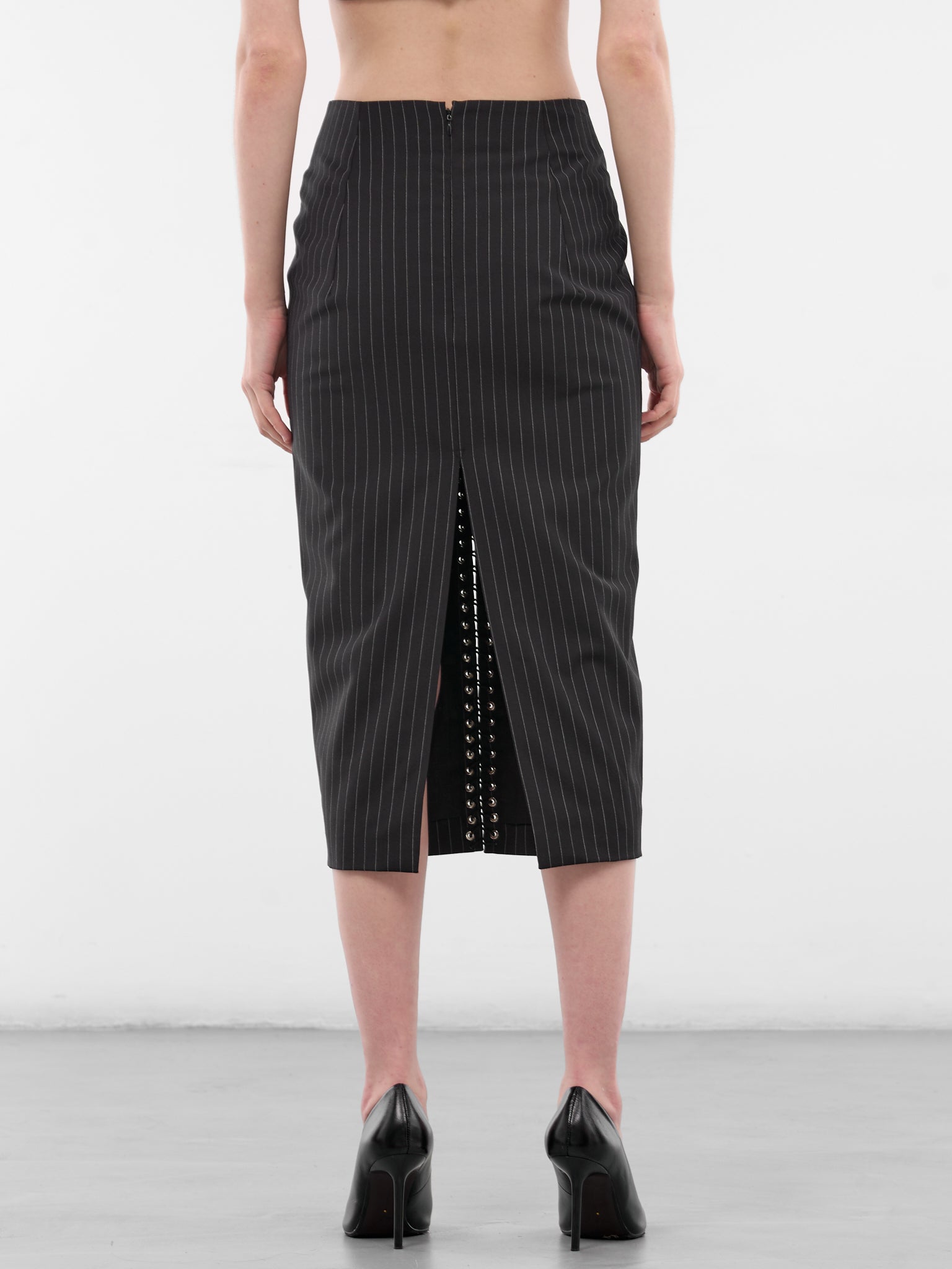 Black Wool Pinstripe Pencil Skirt (SK025-W-WV0004-BLACK)