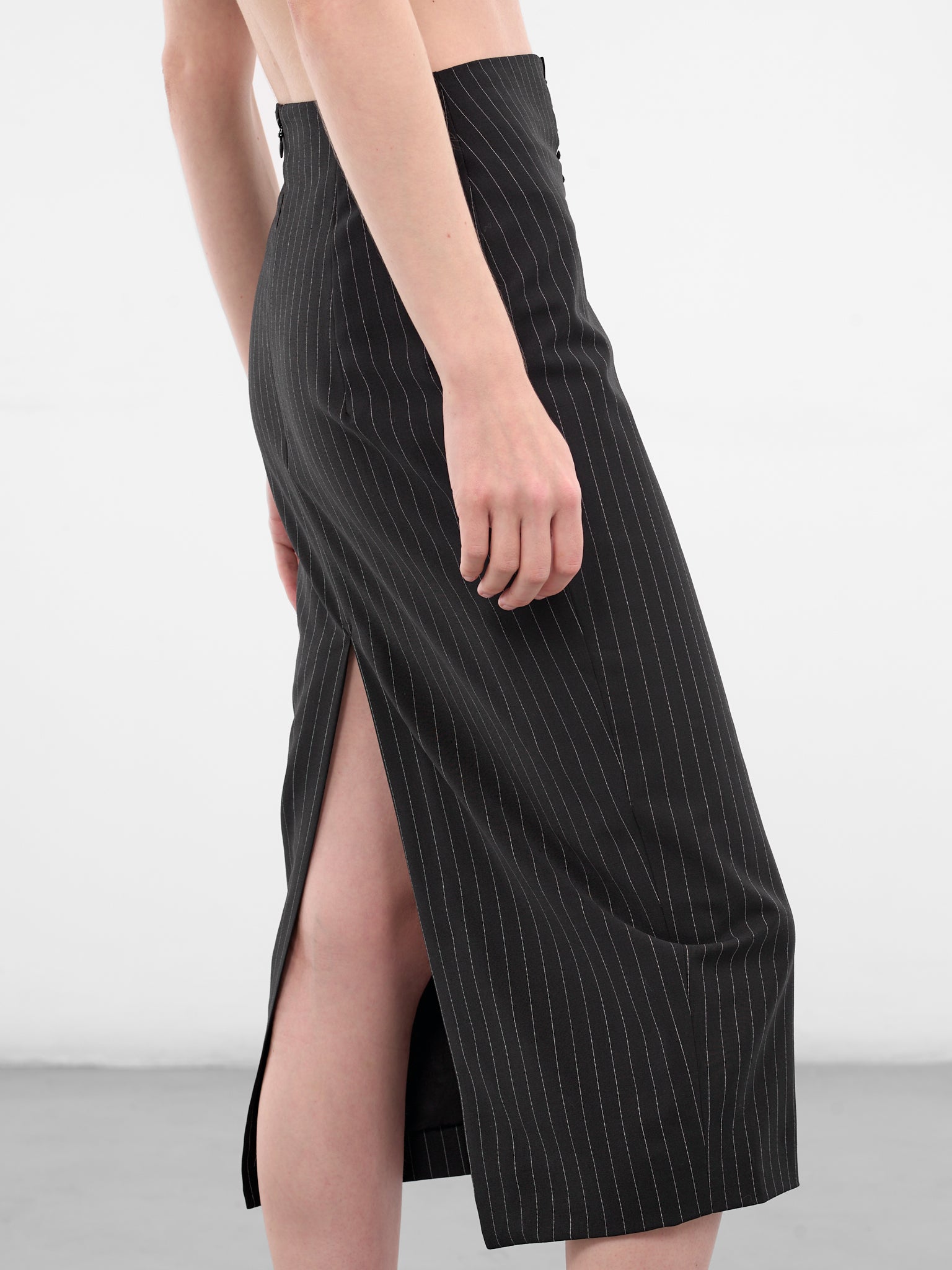 Black Wool Pinstripe Pencil Skirt (SK025-W-WV0004-BLACK)