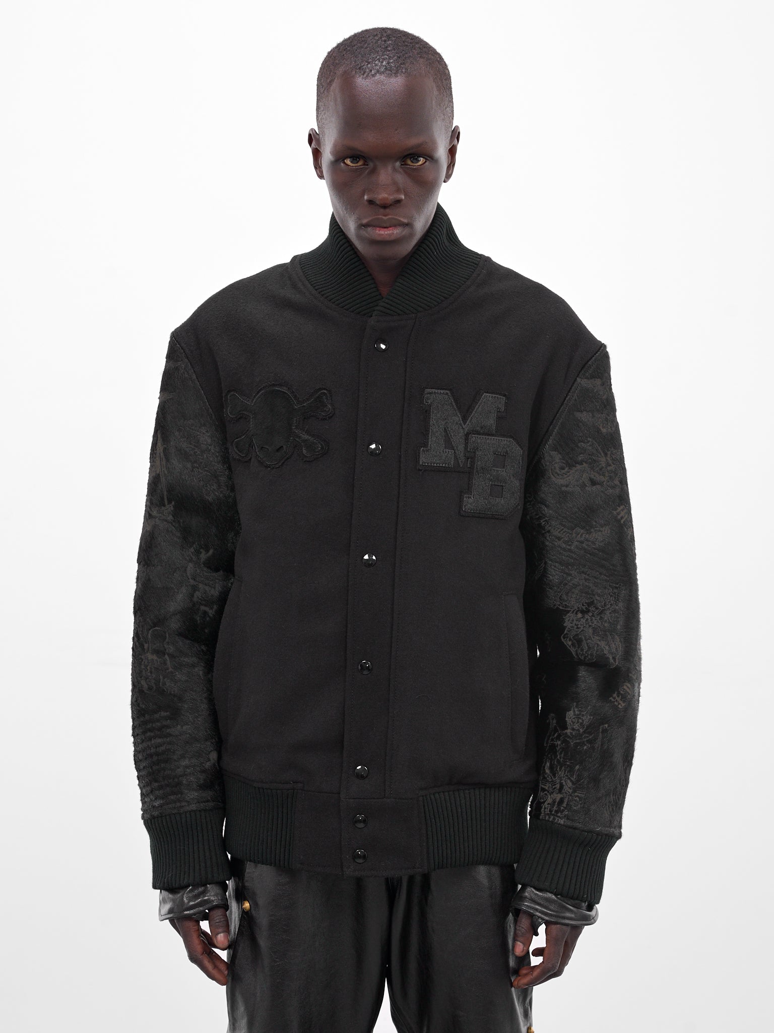 Black Leather Embroidered Varsity Jacket (MBS3-OUT-TDDJ-BLACK)